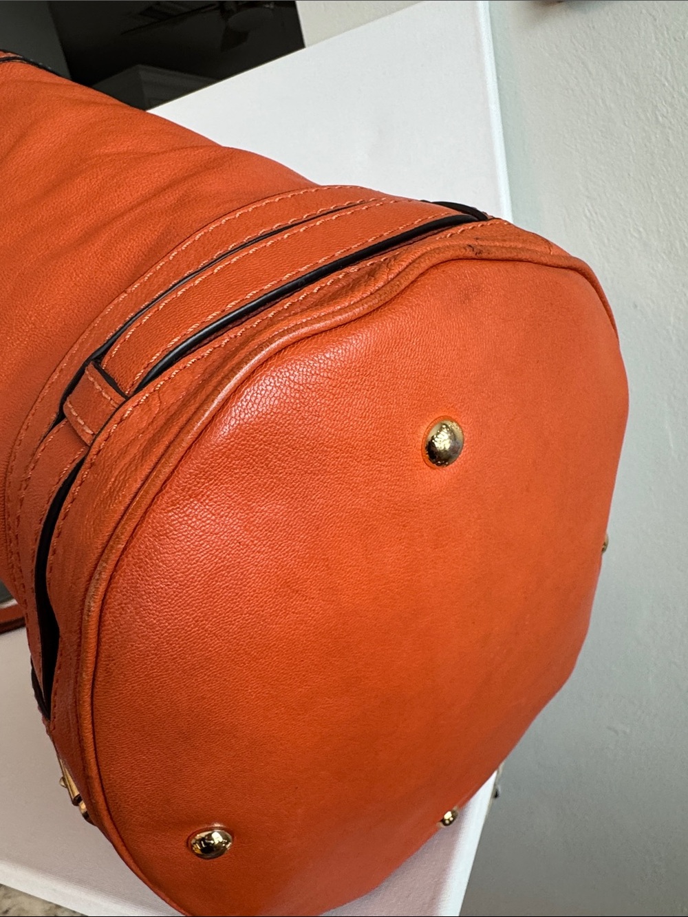 Michael Kors Kingsbury Orange Bucket Bag All Leather Tote - Picture 7 of 14